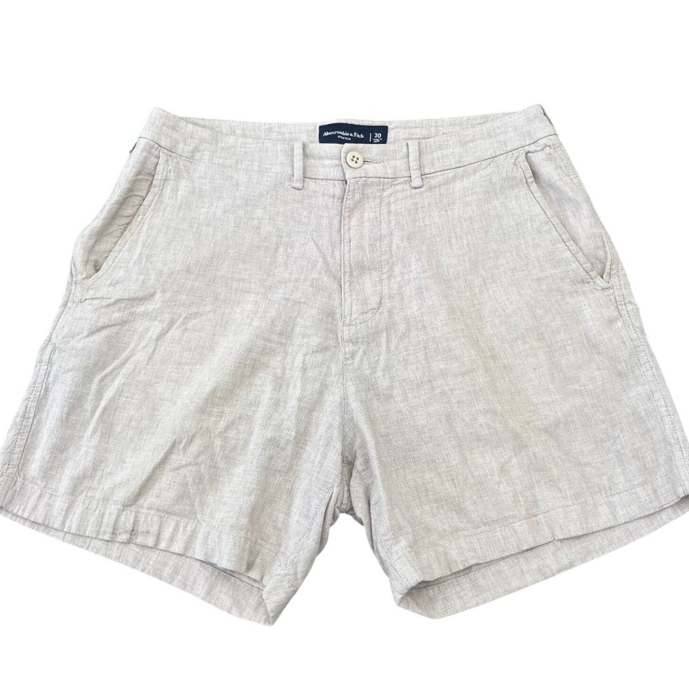 Abercrombie & Fitch Mens 30 Stretch Cotton Linen Blend Shorts Beige Crosshatch